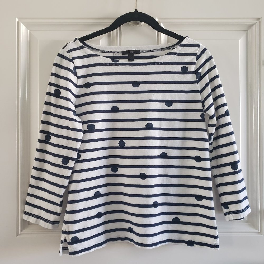 J. Crew Dotted Stripe Boat Neck 3/4 Sleeves Blue/White Top SZ S